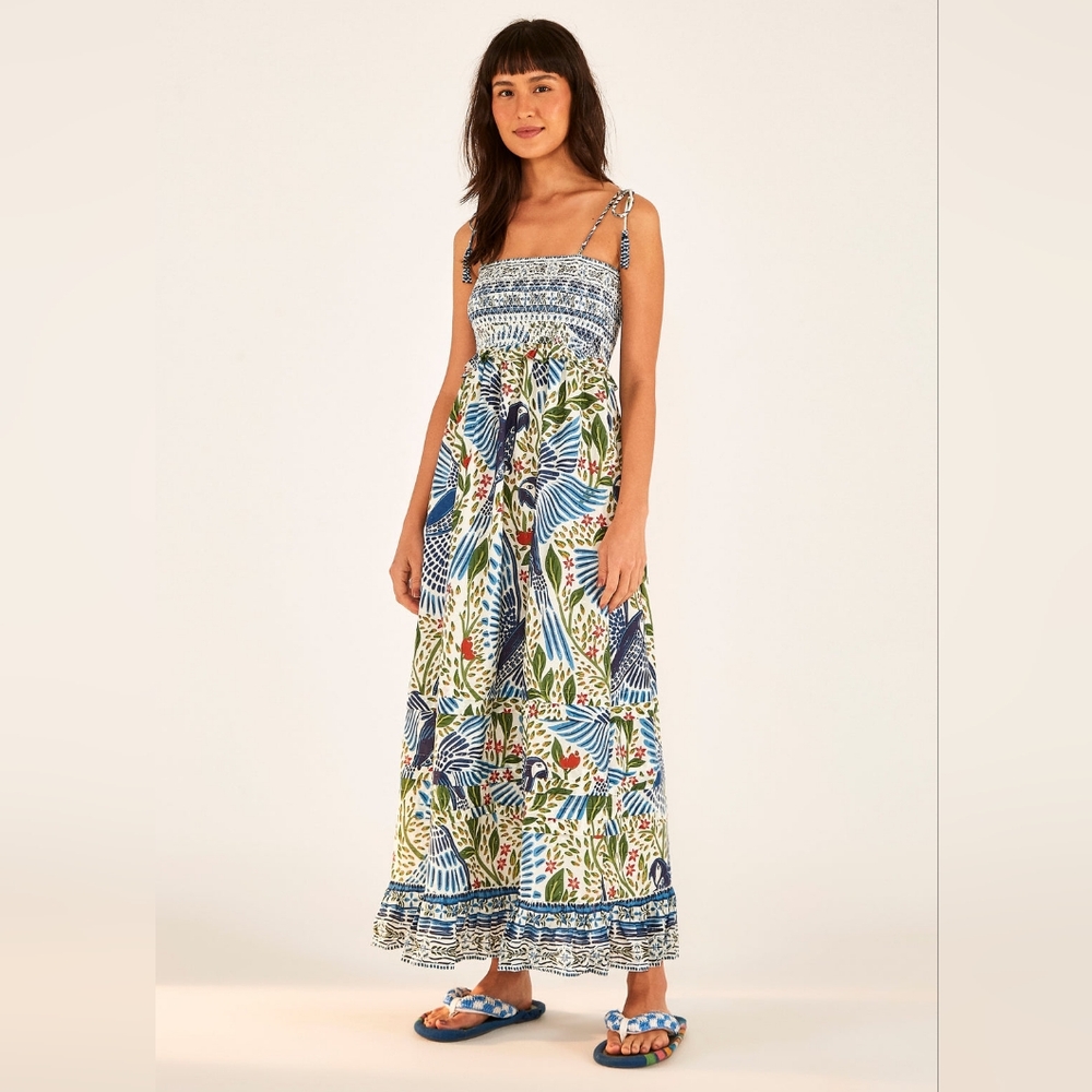 Farm Rio Off White Macaw Flight Smocked Maxi Dress, NWT, M
